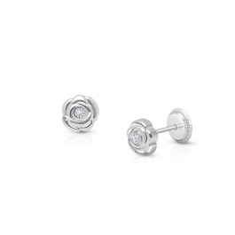 Blushing Rose, Clear CZ Studs Teen's Earrings, Screw Back - 14K White Gold