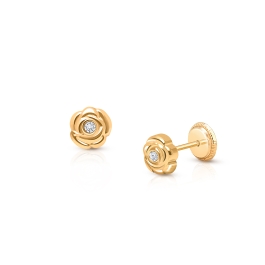 Blushing Rose, Clear CZ Studs Teen's Earrings, Screw Back - 14K Gold