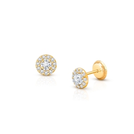 Brilliant Halo, Clear CZ First Holy Communion Children's Earrings, Screw Back - 14K Gold