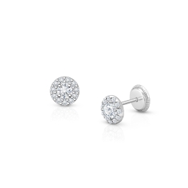 Brilliant Halo, Clear CZ Teen’s Earrings, Screw Back - 14K White Gold