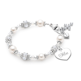 Crowned in Heaven, Christening/Baptism Baby/Children's Beaded Bracelet for Girls (INCLUDES Engraved Charm) - Sterling Silver