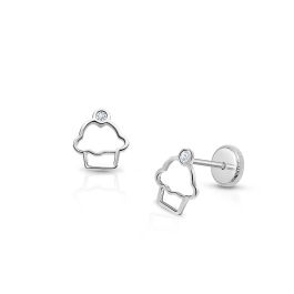 Cupcake Cutie, Clear CZ Baby/Children's Earrings, Screw Back - 14K White Gold
