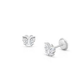 Curly Butterfly, Clear Pavé CZ Baby/Children's Earrings, Screw Back - 14K White Gold