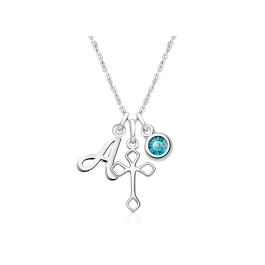 Diamond Point Cross, Children's Personalized Necklace Set for Girls (Includes Cross, Initial, and Birthstone Charms) - Sterling Silver
