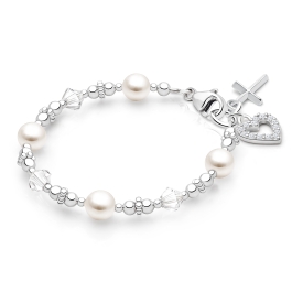 Diamond Cross, Christening/Baptism Baby/Children's Beaded Bracelet for Girls - Sterling Silver