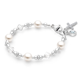 Diamond Cross, First Holy Communion Beaded Bracelet for Girls - Sterling Silver