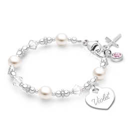 Diamond Cross, First Holy Communion Beaded Bracelet for Girls (INCLUDES Engraved Charm) - Sterling Silver