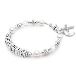 Diamond Cross, Christening/Baptism Baby/Children's Name Bracelet for Girls - Sterling Silver