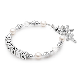 Diamond Cross, First Holy Communion Name Bracelet for Girls - Sterling Silver