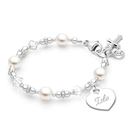 Diamond Cross, Christening/Baptism Baby/Children's Beaded Bracelet for Girls (INCLUDES Engraved Charm) - Sterling Silver