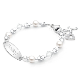Diamond Cross, Christening/Baptism Baby/Children's Engraved Bracelet for Girls - Sterling Silver