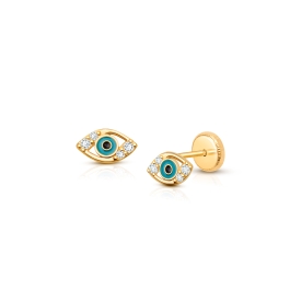 Evil Eye, Clear CZ Baby/Children’s Earrings, Screw Back - 14K Gold