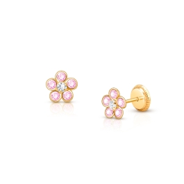 Flower Girl, Pink/Clear CZ Baby/Children's Earrings, Screw Back - 14K Gold
