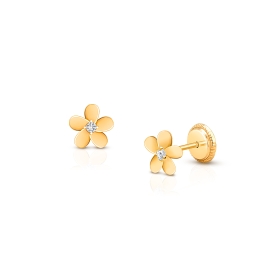Forget Me Not, Clear CZ Flower Baby/Children’s Earrings, Screw Back - 14K Gold