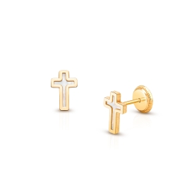 Genuine Faith, Mother of Pearl Cross Teen's Earrings, Screw Back - 14K Gold