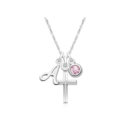 Holy Cross, Children's Personalized Necklace Set for Girls (Includes Cross, Initial, and Birthstone Charms) - Sterling Silver
