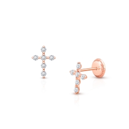 Light of Heaven, First Holy Communion Children's Cross Earrings, Screw Back, Clear CZ - 14K Rose Gold