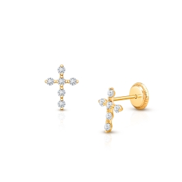 Light of Heaven, Christening/Baptism Baby/Children's Cross Earrings, Screw Back, Clear CZ - 14K Gold