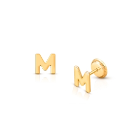 ‘M’ Initial Studs Personalized Baby/Children’s Earrings, Screw Back - 14K Gold