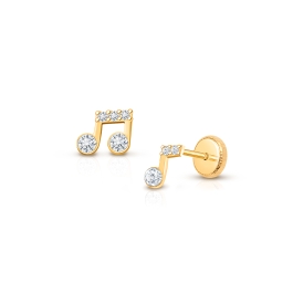 Magical Music Notes, Clear CZ Baby/Children's Earrings, Screw Back - 14K Gold