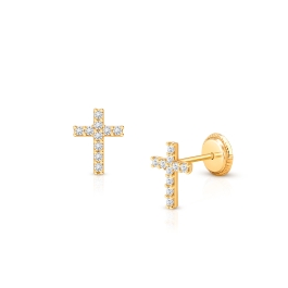 Miraculous Cross, Clear CZ Mother’s Earrings, Screw Back - 14K Gold