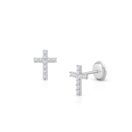 Miraculous Cross, Clear CZ First Holy Communion Children’s Earrings, Screw Back - 14K White Gold