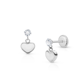 Modern Heart Dangle, Clear CZ First Holy Communion Children's Earrings, Screw Back - 14K White Gold