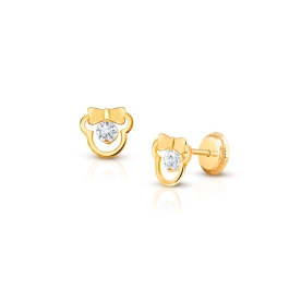 Girl Mouse with Bow, Baby/Children's Earrings, Screw Back, Clear CZ - 14K Gold