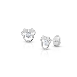 Girl Mouse with Bow, Baby/Children's Earrings, Screw Back, Clear CZ - 14K White Gold