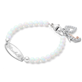 4mm Opals, Lab Created White Opal Baby/Children's Engraved Bracelet for Girls - Sterling Silver