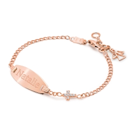 Pavé Cross, Baby/Children's , 5.5-6.0", Engraved ID Bracelet for Girls - 14K Rose Gold