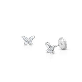 Baby Butterfly, Clear CZ Christening/Baptism Baby/Children's Earrings, Screw Back - 14K White Gold