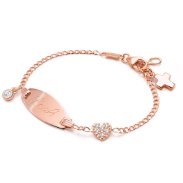 Pavé Heart, Christening/Baptism Baby/Children's Engraved ID Bracelet for Girls - 14K Rose Gold