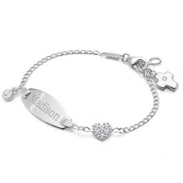 Pavé Heart, Christening/Baptism Baby/Children's Engraved ID Bracelet for Girls - 14K White Gold