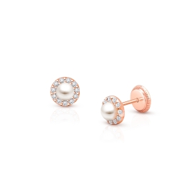 Pearl Halo, Clear CZ Christening/Baptism Baby/Children’s Earrings, Screw Back - 14K Rose Gold