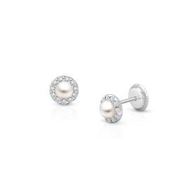 Pearl Halo, Clear CZ Christening/Baptism Baby/Children’s Earrings, Screw Back - 14K White Gold