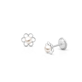 Petals and Pearls, Baby/Children's Earrings, Screw Back - 14K White Gold