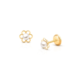 Petals and Pearls, Baby/Children's Earrings, Screw Back - 14K Gold