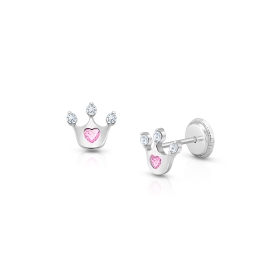 Princess at Heart, Pink/Clear CZ Christening/Baptism Baby/Children's Earrings, Screw Back - 14K White Gold