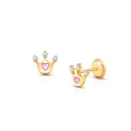Princess at Heart, Pink/Clear CZ Teen's Earrings, Screw Back - 14K Gold