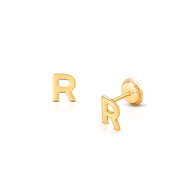 ‘R’ Initial Studs Personalized Baby/Children’s Earrings, Screw Back - 14K Gold