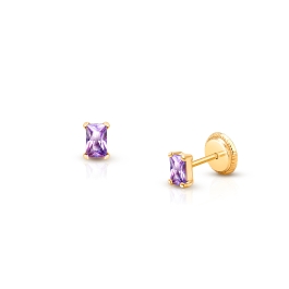 Radiant Cut Studs, 4mm Royal Purple CZ Baby/Children's Earrings, Screw Back - 14K Gold