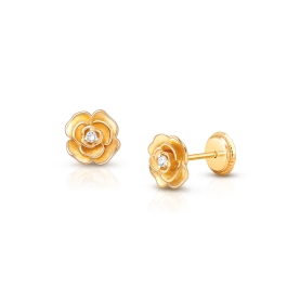 Rose Radiance, Clear CZ Stud, Christening/Baptism Baby/Children's Earrings, Screw Back - 14K Gold