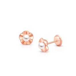 Ruffled Petals with Pearl, Teen's Earrings, Screw Back - 14K Rose Gold
