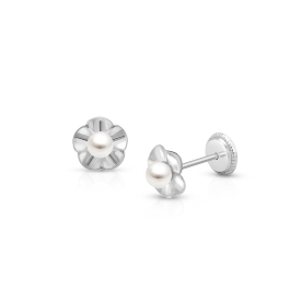 Ruffled Petals with Pearl, Christening/Baptism Baby/Children's Earrings, Screw Back - 14K White Gold