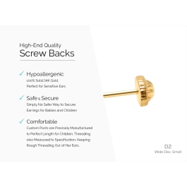 Earring Back (D2) Wide Disc, Small Screw Back - 14K Gold