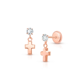 Simple Cross Dangle, Clear CZ Baby/Children's Earrings, Screw Back - 14K Rose Gold