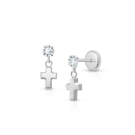 Simple Cross Dangle, Clear CZ Baby/Children's Earrings, Screw Back - 14K White Gold