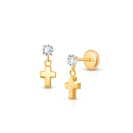 Simple Cross Dangle, Clear CZ First Holy Communion Children's Earrings, Screw Back - 14K Gold