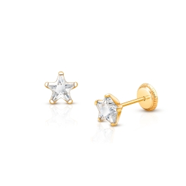 Shining Star, Clear CZ Star Cut Stud, Teen's Earrings, Screw Back - 14K Gold